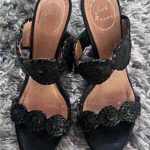 Jack Rogers Luccia Wedge Sandal 8 Heel Whipstitched Black Patent Leather